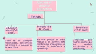 Uso en el
ámbito
educativo
Educación
Infantil (0-6
años).
Como en los conceptos
matemáticos, conocimiento
del medio o el proceso de
lectoescritura.
Primaria (6 a
12 años).
En este período es clave
motivar a los alumnos para
mantenerlos enganchados al
proceso de enseñanza y
aprendizaje
Secundaria
(12-18 años).
Complicada para
muchos jóvenes por
los cambios
emocionales y de
personalidad.
Etapas
 