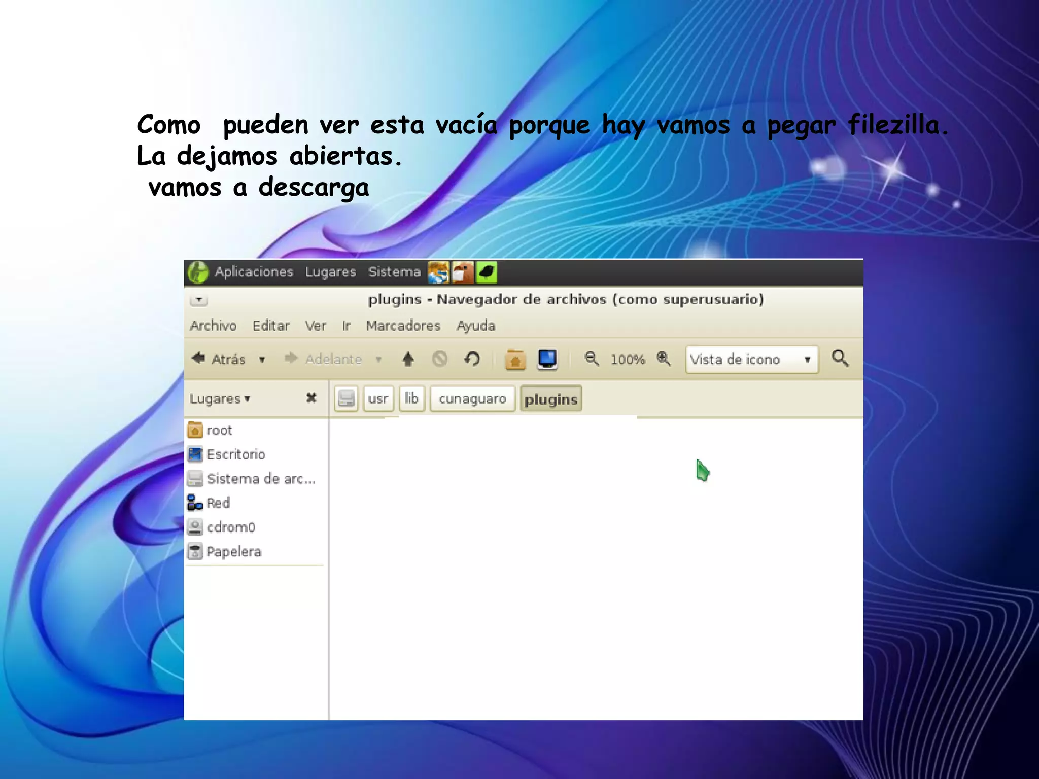 Como pueden ver esta vacía porque hay vamos a pegar filezilla.
La dejamos abiertas.
 vamos a descarga
 