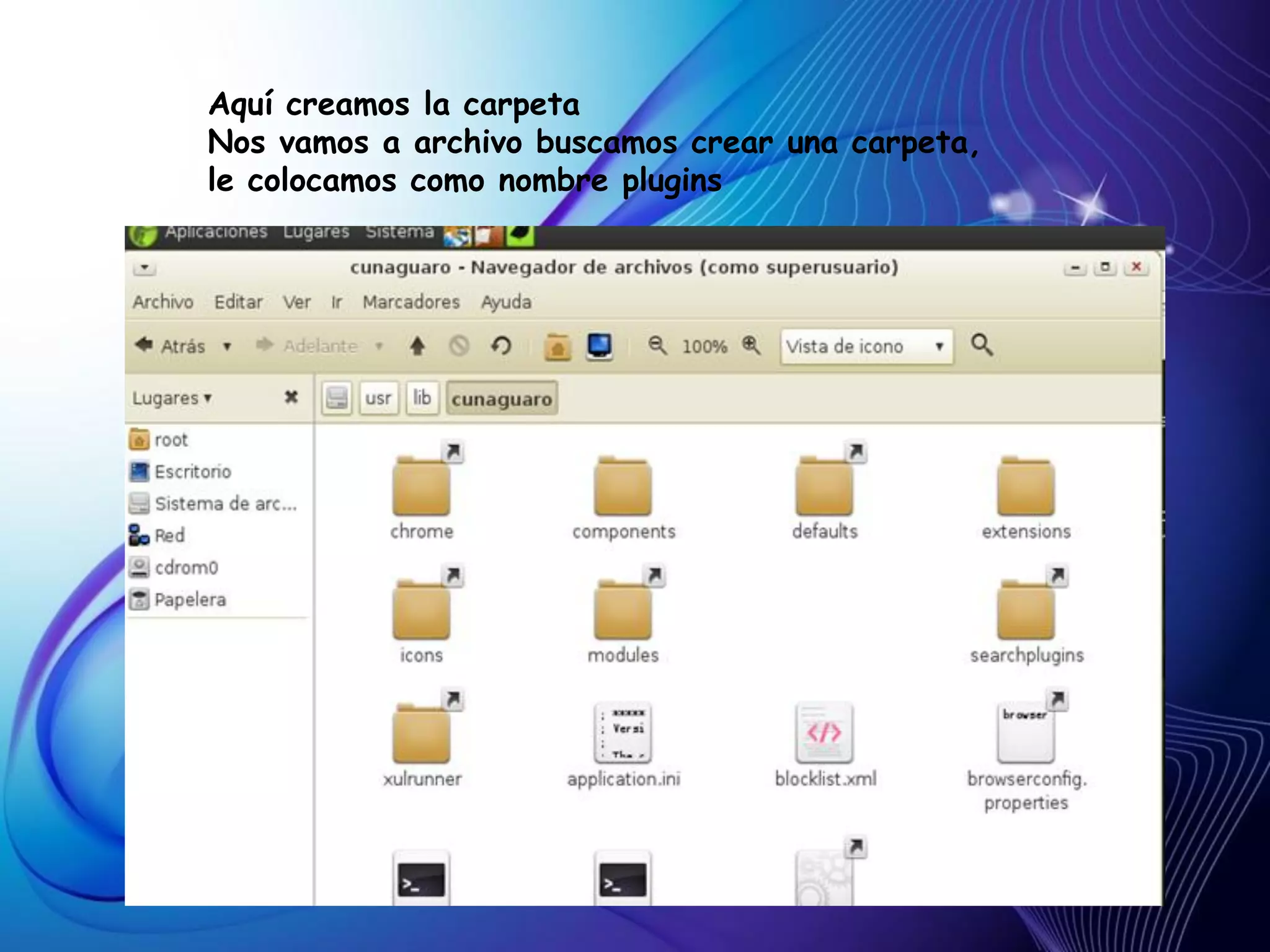 Aquí creamos la carpeta
Nos vamos a archivo buscamos crear una carpeta,
le colocamos como nombre plugins
 