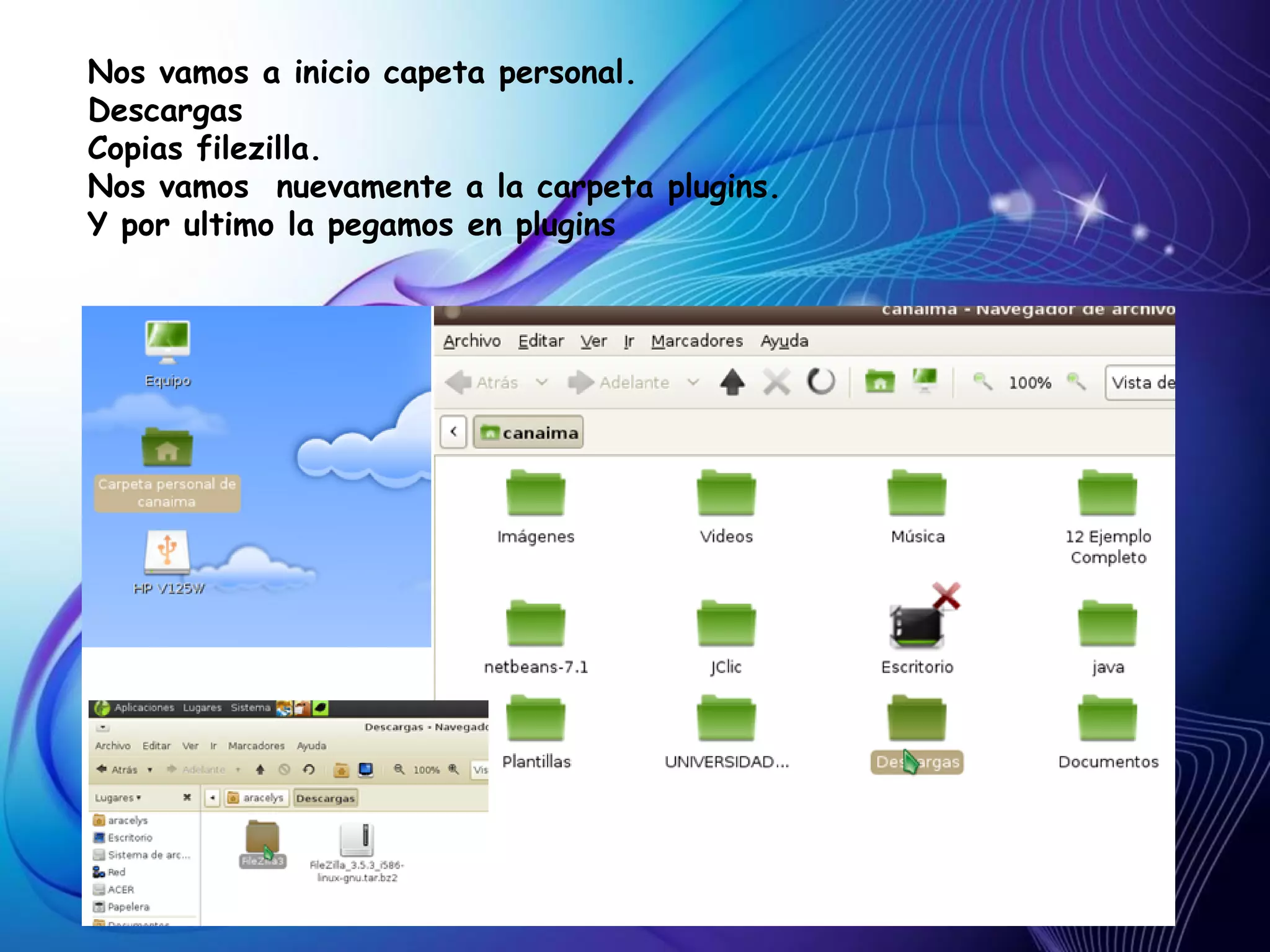 Nos vamos a inicio capeta personal.
Descargas
Copias filezilla.
Nos vamos nuevamente a la carpeta plugins.
Y por ultimo la pegamos en plugins
 