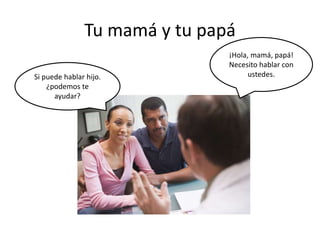 Tu mamá y tu papá
¡Hola, mamá, papá!
Necesito hablar con
ustedes.Si puede hablar hijo.
¿podemos te
ayudar?