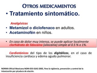 OTROS MEDICAMENTOS
• Tratamiento sintomático.
Analgésicos
• Metamizol o diclofenaco en adultos.
• Acetaminofén en niños.
• En caso de dolor muy intenso, se puede aplicar localmente
clorhidrato de lidocaína (xilocaína) simple al 0.5 % o 1%.
Cardiotónicos del tipo de los digitálicos, en el caso de
insuficiencia cardiaca y edema agudo pulmonar.
NORMA Oficial Mexicana NOM-033-SSA2-2002, Para la vigilancia, prevención y control de la
intoxicación por picadura de alacrán.
 