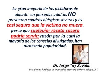 Dr. Jorge Tay Zavala.
Presidente y fundador de la Sociedad Mexicana de Parasitología, A.C.
La gran mayoría de las picaduras de
alacrán en personas adultas NO
presentan cuadros alérgicos severos y es
casi seguro que la victima no muera,
por lo que cualquier receta casera
podría servir; razón por la cual la
mayoría de los consejos divulgados, han
alcanzado popularidad.
 
