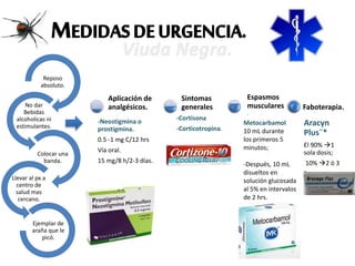 MEDIDASDEURGENCIA.
Reposo
absoluto.
No dar
Bebidas
alcoholicas ni
estimulantes.
Colocar una
banda.
Llevar al px a
centro de
salud mas
cercano.
Ejemplar de
araña que le
picó.
-Neostigmina o
prostigmina.
0.5 -1 mg C/12 hrs
Vía oral.
15 mg/8 h/2-3 días.
Aplicación de
analgésicos.
-Cortisona
-Corticotropina.
Sintomas
generales.
Espasmos
musculares
.
Aracyn
Plus¨*
El 90% 1
sola dosis;
10% 2 ó 3
frascos.
Faboterapia.
Metocarbamol
10 mL durante
los primeros 5
minutos;
-Después, 10 mL
disueltos en
solución glucosada
al 5% en intervalos
de 2 hrs.
 