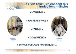 Les tiers lieux : un concept aux
traductions multiples
2
« Casemate »
Grenoble
Espace de
Coworking
Lyon
ARGOS - ARADEL – C...
