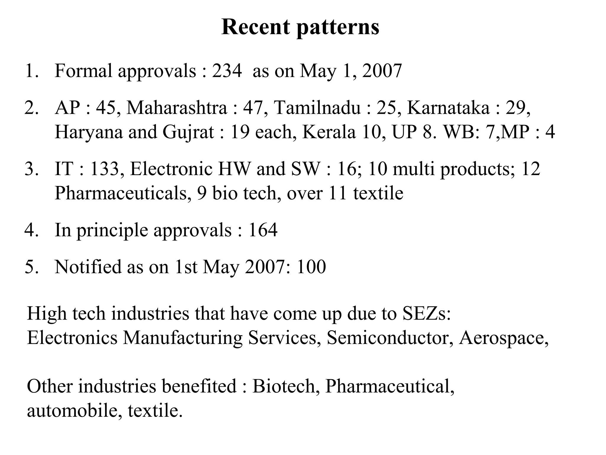 Recent patterns
1. Formal approvals : 234 as on May 1, 2007
2. AP : 45, Maharashtra : 47, Tamilnadu : 25, Karnataka : 29,
Haryana and Gujrat : 19 each, Kerala 10, UP 8. WB: 7,MP : 4
3. IT : 133, Electronic HW and SW : 16; 10 multi products; 12
Pharmaceuticals, 9 bio tech, over 11 textile
4. In principle approvals : 164
5. Notified as on 1st May 2007: 100
High tech industries that have come up due to SEZs:
Electronics Manufacturing Services, Semiconductor, Aerospace,
Other industries benefited : Biotech, Pharmaceutical,
automobile, textile.
 