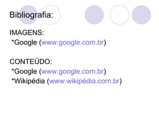 Bibliografia: IMAGENS: *Google ( www.google.com.br ) CONTEÚDO: *Google ( www.google.com.br ) *Wikipédia ( www.wikipédia.com.br ) 