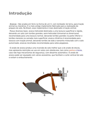 Introdução
Aivecas - São arados em ferro na forma de um V, com tombador de terra, para tração
animal ou mecânica. É o mais antigo implemento fabricado para a realização do
preparo do solo. No Brasil, esse implemento é mais destinado à tração animal.
Possui diversos tipos: aiveca helicoidal destinada a uma lavoura superficial e rápida,
deixando um solo com torrões grandes; semi-helicoidal (Universal ou Americana)
recomendada para uma lavoura normal, deixando torrões grandes na parte inferior e
torrões menores na camada mais superficial; aiveca cilíndrica é recomendada para
lavoura com tração animal, deixando torrões de todo o tamanho misturado com o solo
pulverizado; aivecas recortadas recomendadas para solos pegajosos.
O arado de aiveca produz uma inversão do solo melhor que a do arado de discos,
mas apresenta restrições ao uso em solos com obstáculos, tais como pedras e tocos,
caso não haja mecanismos de segurança, com desarme automático. O arado de
aiveca pode ser equipado com vários acessórios, que facilitam o corte vertical do solo
e evitam o embuchamento.
 