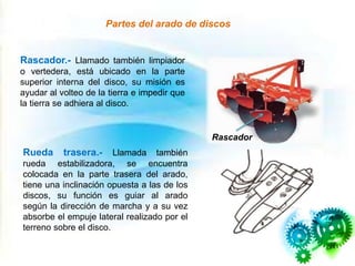 Rascador.- Llamado también limpiador
o vertedera, está ubicado en la parte
superior interna del disco, su misión es
ayudar al volteo de la tierra e impedir que
la tierra se adhiera al disco.
Rueda trasera.- Llamada también
rueda estabilizadora, se encuentra
colocada en la parte trasera del arado,
tiene una inclinación opuesta a las de los
discos, su función es guiar al arado
según la dirección de marcha y a su vez
absorbe el empuje lateral realizado por el
terreno sobre el disco.
Rascador
Partes del arado de discos
 