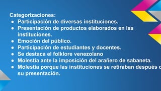 Categorizaciones:
● Participación de diversas instituciones.
● Presentación de productos elaborados en las
instituciones.
● Emoción del público.
● Participación de estudiantes y docentes.
● Se destaca el folklore venezolano
● Molestia ante la imposición del arañero de sabaneta.
● Molestia porque las instituciones se retiraban después d
su presentación.
 
