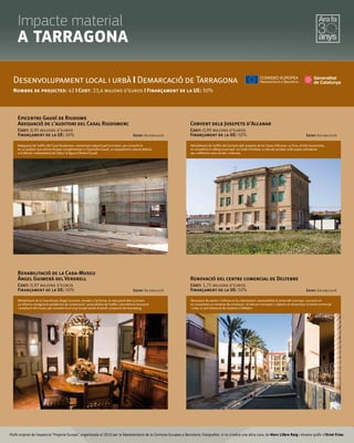 Plafó original de l’exposició “Projecte Europa”, organitzada el 2010 per la Representació de la Comissió Europea a Barcelona. Fotograﬁes, si no s’indica una altra cosa, de Marc Llibre Roig i disseny gràﬁc d'Oriol Frias.
Adequació de l'edifici del Casal Riudomenc, recentment adquirit pel Consistori, per convertir-lo
en un auditori que servirà d'espai complementari a l'Epicentre Gaudí, un equipament cultural dedicat
a la difusió i interpretació de l'obra i la figura d'Antoni Gaudí.
Rehabilitació de la Casa-Museu Àngel Guimerà, situada a Cal Ximet, la casa pairal dels Guimerà.
La reforma corregirà els problemes de conservació i accessibilitat de l'edifici i permetrà la renovació
i ampliació del museu per convertir-lo en el principal centre d'estudi i projecció del dramaturg.
Rehabilitació de l'edifici del Convent dels Josepets de les Cases d'Alcanar. La finca, d'estil noucentista,
es convertirà en alberg municipal i en hotel d'entitats, a més de comptar amb espais polivalents
per a diferents usos socials i culturals.
Renovació de carrers i millores en la urbanització i accessibilitat al centre del municipi, una zona on
es concentren un centenar de comerços i el mercat municipal. L'objectiu és dinamitzar el centre comercial
i crear un pol d'atracció de visitants a Deltebre.
Epicentre Gaudí de Riudoms
Adequació de l'auditori del Casal Riudomenc
Cost: 0,95 milions d’euros
Finançament de la UE: 50% Estat: En execució
Desenvolupament local i urbà I Demarcació deTarragona
Nombre de projectes: 42 I Cost: 23,4 milions d’euros I Finançament de la UE: 50%
Rehabilitació de la Casa-Museu
Àngel Guimerà del Vendrell
Cost: 0,97 milions d’euros
Finançament de la UE: 50% Estat: En execució
Convent dels Josepets d'Alcanar
Cost: 0,99 milions d’euros
Finançament de la UE: 50% Estat: En execució
Renovació del centre comercial de Deltebre
Cost: 1,75 milions d’euros
Finançament de la UE: 50% Estat: En execució
Impacte material
A TARRAGONA
 