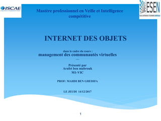 INTERNET DES OBJETS
dans le cadre du cours :
management des communautés virtuelles
****
Présenté par
Arafet ben mabrouk
M1...