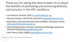 Thank	you	for	taking	the	time	to	listen	to	us	about	
the	benefits	of	promoting	and	achieving	diversity	
and	inclusion	in	the	HPC	workforce
• Lisa	Arafune,	Director,	CASC	lisa.arafune@casc.org
• Florence	Hudson,	SVP	&	CIO,	Internet2	fhudson@internet2.edu
• Kelly	Nolan,	Executive	Director	External	Affairs,	Compute	Canada	
kelly.nolan@computecanada.ca
• Sharon	Broude	Geva,	Director,	University	of	Michigan	Advanced	
Research	Computing	sgeva@umich.edu
• John	Towns,	NCSA,	XSEDE	jtowns@ncsa.illinois.edu
 
