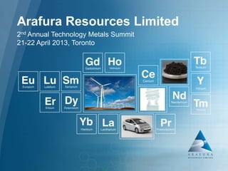 Arafura Resources Limited (ASX: ARU)
Arafura Resources Limited
2nd Annual Technology Metals Summit
21-22 April 2013, Toronto
 