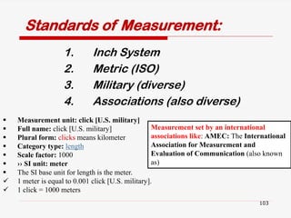 1. Inch System
2. Metric (ISO)
3. Military (diverse)
4. Associations (also diverse)
103
Standards of Measurement:
 Measurement unit: click [U.S. military]
 Full name: click [U.S. military]
 Plural form: clicks means kilometer
 Category type: length
 Scale factor: 1000
 ›› SI unit: meter
 The SI base unit for length is the meter.
 1 meter is equal to 0.001 click [U.S. military].
 1 click = 1000 meters
Measurement set by an international
associations like: AMEC: The International
Association for Measurement and
Evaluation of Communication (also known
as)
 