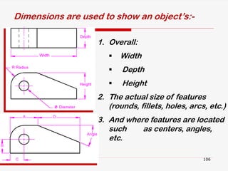 1. Overall:
 Width
 Depth
 Height
2. The actual size of features
(rounds, fillets, holes, arcs, etc.)
3. And where features are located
such as centers, angles,
etc.
Dimensions are used to show an object’s:-
106
 