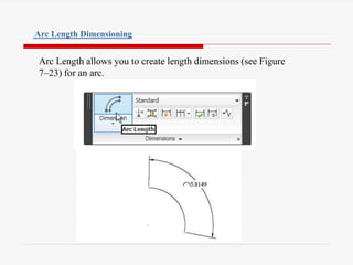 Arc Length allows you to create length dimensions (see Figure
7–23) for an arc.
Arc Length Dimensioning
 
