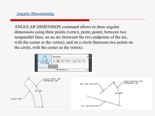 ANGULAR DIMENSION command allows to draw angular
dimensions using three points (vertex, point, point), between two
nonparallel lines, on an arc (between the two endpoints of the arc,
with the center as the vertex), and on a circle (between two points on
the circle, with the center as the vertex).
Angular Dimensioning
 