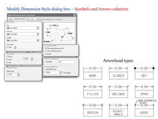 Modify Dimension Style dialog box – Symbols and Arrows selection
Arrowhead types
 