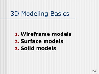 3D Modeling Basics
1. Wireframe models
2. Surface models
3. Solid models
154
 