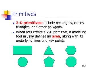 Primitives
 2-D primitives: include rectangles, circles,
triangles, and other polygons.
 When you create a 2-D primitive, a modeling
tool usually defines an area, along with its
underlying lines and key points.
162
 