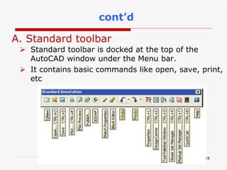 A. Standard toolbar
 Standard toolbar is docked at the top of the
AutoCAD window under the Menu bar.
 It contains basic commands like open, save, print,
etc
24
cont’d
 