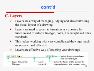 C. Layers
 Layers are a way of managing, tidying and also controlling
the visual layout of a drawing.
 Layers are used to group information in a drawing by
function and to enforce linetype, color, line weight and other
standards.
 This makes working with very complicated drawings much
more easier and efficient.
 Layers are effective way of ordering your drawings.
26
cont’d
 