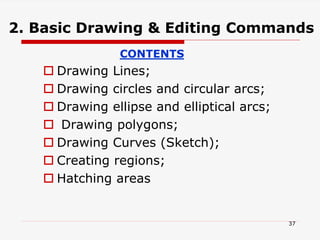 2. Basic Drawing & Editing Commands
CONTENTS
 Drawing Lines;
 Drawing circles and circular arcs;
 Drawing ellipse and elliptical arcs;
 Drawing polygons;
 Drawing Curves (Sketch);
 Creating regions;
 Hatching areas
37
 