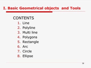 I. Basic Geometrical objects and Tools
CONTENTS
1. Line
2. Polyline
3. Multi line
4. Polygons
5. Rectangle
6. Arc
7. Circle
8. Ellipse
38
 