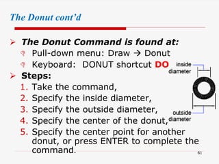 The Donut cont’d
 The Donut Command is found at:
 Pull-down menu: Draw  Donut
 Keyboard: DONUT shortcut DO
 Steps:
1. Take the command,
2. Specify the inside diameter,
3. Specify the outside diameter,
4. Specify the center of the donut,
5. Specify the center point for another
donut, or press ENTER to complete the
command. 61
 