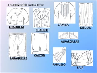 Los HOMBRES suelen llevar: 
MEDIAS 
ALPARGATAS 
CALZÓN 
ZARAGÜELLE 
CHALECO 
CAMISA 
FAJA 
PAÑUELO 
CHAQUETA 
 
