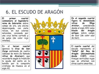 6. EL ESCUDO DE ARAGÓN
El primer cuartel
conmemora al legendario
reino de Sobrarbe: sobre
campo de oro, una encina
desarraigada, con siete
raíces, en sus colores
naturales, coronada por
una cruz latina cortada y
de gules (de color rojo
intenso).
En el segundo cuartel
figura la denominada
«Cruz de Íñigo
Arista», considerada
desde el siglo XIV como
blasón del Aragón
antiguo, sobre campo
de azur (de color azul
de mar).
En el tercer cuartel
aparece la Cruz de San
Jorge cantonada de cuatro
cabezas de moro (la llamada
«Cruz de Alcoraz»), que
recordaría según la tradición
la ayuda del santo en la
batalla por la conquista
cristiana de Huesca en el
siglo XI.
El cuarto cuartel del
escudo representa el
“Señal” del Rey de
Aragón (documentada
desde 1187): cinco
franjas verticales rojas
que se alternan con
otras cuatro amarillas.
 