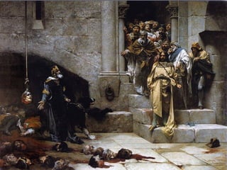 • La leyenda de la campana de Huesca cuenta cómo Ramiro II el Monje, rey
de Aragón, decapitó a doce nobles que se oponían a su voluntad. La historia
es parte del acervo popular en Aragón, especialmente en la ciudad de
Huesca. Según cuenta la Crónica de San Juan de la Peña (siglo XIV),
estando Ramiro II preocupado por la desobediencia de sus nobles mandó un
mensajero a su antiguo maestro, el abad de San Ponce de Tomeras,
pidiéndole consejo. Este llevó al mensajero al huerto y cortó unas coles
(algunas veces se habla de rosas), aquellas que sobresalían más. A
continuación ordenó al mensajero repetir al rey el gesto que había visto.
Ramiro II hizo llamar a los principales nobles para que vinieran a Huesca,
con la excusa de hacer una campana que se oyera en todo el reino. Una vez
allí, hizo cortar la cabeza a los nobles más rebeldes, sofocando la revuelta.
• La forma popular desarrolla algo más el hecho: el rey convocó Cortes e hizo
venir a todos los nobles del reino para que vieran una campana que se oiría
en todo el reino. A los rebeldes los hizo entrar de uno en uno en la sala y
fue decapitándolos según iban entrando. Una vez muertos, los colocó en
círculo y la del obispo de Huesca, el más rebelde, lo colocó en el centro
como badajo. Luego dejó entrar a los demás para que escarmentaran.
LA LEYENDA DE LA CAMPANA DE HUESCA
 