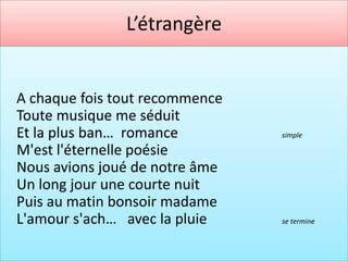 L’étrangère


A chaque fois tout recommence
Toute musique me séduit
Et la plus ban… romance         simple

M'est l'éternelle poésie
Nous avions joué de notre âme
Un long jour une courte nuit
Puis au matin bonsoir madame
L'amour s'ach… avec la pluie    se termine
 