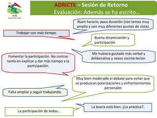 Falta ampliar y seguir trabajando.
Fomentar la participación. No centrar
tanto en explicar y dar más tiempo a la
participación.
Muy bien moderado el debate para evitar que
se produzcan polarizaciones y enfrentamientos
personales
Me hubiera gustado más verbal y
deliberativo y nexos escrito-lector.
Buena dinamización y
participación
La participación de todos…
La teoría está bien. ¿La práctica?.
ADRICTE – Sesión de Retorno
Evaluación: Además se ha escrito…
Trabajar con más tiempo.
Buen horario, poca duración (son temas muy
amplio y con muy diferentes puntos de vista).
 