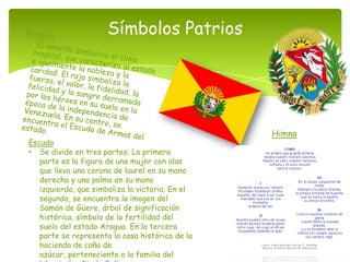 Símbolos Patrios




                                                 Himno
Escudo
• Se divide en tres partes: La primera
   parte es la figura de una mujer con alas
   que lleva una corona de laurel en su mano
   derecha y una palma en su mano
   izquierda, que simboliza la victoria. En el
   segundo, se encuentra la imagen del
   Samán de Güere, árbol de significación
   histórica, símbolo de la fertilidad del
   suelo del estado Aragua. En la tercera
   parte se representa la casa histórica de la
   hacienda de caña de
   azúcar, perteneciente a la familia del
 