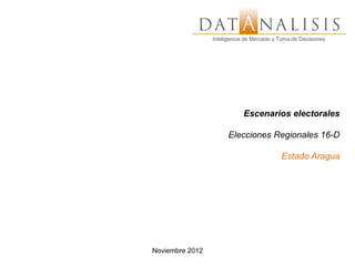 Inteligencia de Mercado y Toma de Decisiones
                 Inteligencia de Mercado y Toma de Decisiones




                             Escenarios electorales

                       Elecciones Regionales 16-D

                                              Estado Aragua




Noviembre 2012
 