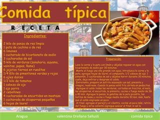 Ingredientes:
2 kilo de panza de res limpia
1 pata de cochino o de res
6 limones
1 cucharada de bicarbonato de sodio
3 cucharadas de sal
5 kilo de verduras (zanahoria, auyama,
vainitas, papas, ñame)
6 jojotos tiernos en rueditas
1/4 Kilo de pimentones verdes y rojos
6 ajíes dulces
1/2 kilo de tomates
1 cabeza de ajo
1 ajo porro
2 cebollines
4 cucharadas de encurtidos en mostaza
1 cucharada de alcaparras pequeñas
6 hojas de laurel
Preparación:
Lave la carne y la pata con limón y déjelas reposar en agua con
bicarbonato de sodio por 30 minutos.
Monte al fuego una olla grande con agua, introduzca la carne y la
pata, agregue hojas de laurel, el compuesto, 1/2 cabeza de ajo, 1
pimentón, 3 cucharadas de sal y déjelos hervir durante 30 minutos,
cuele, deje enfriar y desgrase el caldo.
Entretanto, prepare un sofrito sazonado con sal, pimienta y
vinagre, resérvese. Cuando la panza esté fría córtela en pedacitos.
Agregue al caldo todas las verduras, cortadas en trocitos, el maíz,
las alcaparras, el encurtido, la pimienta, cocine a fuego medio de 3G
a 40 min. Agregue la panza, la gelatina de la pata picadita, las
bolitas de masa y cocine a fuego medio durante 30 min. más, hasta
que el caldo engruese un poco.
Al final, agregue el perejil y el cilantro, cocine un poco más, retire
del fuego y sirva caliente (agregue azúcar al final, si así lo
prefiere).
Comida típica
Aragua valentina Orellana Sallusti comida típica
R E C E T A
 