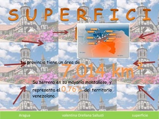Su terreno en su mayoría montañoso, y
representa el 0,76% del territorio
venezolano.
La provincia tiene un área de
7.014 km²
Aragua valentina Orellana Sallusti superficie
 