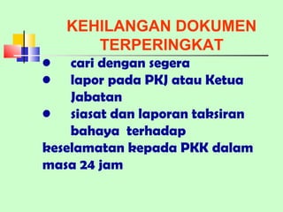 KEHILANGAN DOKUMEN TERPERINGKAT cari dengan segera lapor pada PKJ atau Ketua  Jabatan siasat dan laporan taksiran  bahaya  terhadap  keselamatan kepada PKK  dalam masa 24 jam 