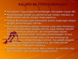 1212
ASUMSI BK PERKEMBANGANASUMSI BK PERKEMBANGAN
Pencapaian Tugas-tugas Perkembangan merupakan tujuan BK.Pencapaian Tugas-tugas Perkembangan merupakan tujuan BK.
Perkembangan pribadi yg optimal terjadi melalui interaksi ygPerkembangan pribadi yg optimal terjadi melalui interaksi yg
sehat antara individu dengan lingkungannya.sehat antara individu dengan lingkungannya.
Hakikat BK terletak pada keterkaitan antara lingkungan belajarHakikat BK terletak pada keterkaitan antara lingkungan belajar
dengan perkembangan individu.dengan perkembangan individu.
Klien tidak dipandang sebagai manusia yang sakit mentalnya.Klien tidak dipandang sebagai manusia yang sakit mentalnya.
Disini klien dipandang sebagai individu yang mampu memilihDisini klien dipandang sebagai individu yang mampu memilih
tujuan, membuat keputusan, dan berpartisipasi secaratujuan, membuat keputusan, dan berpartisipasi secara
bertanggung jawab dalam mencapai perkembangan dirinya.bertanggung jawab dalam mencapai perkembangan dirinya.
Klien adalah seorang pribadi yang unik dan berharga ygKlien adalah seorang pribadi yang unik dan berharga yg
berjuang untuk mengembangkan dirinya. Dia adalah anggotaberjuang untuk mengembangkan dirinya. Dia adalah anggota
kelompoknya, bagian dari budayanya, dan tidak pernahkelompoknya, bagian dari budayanya, dan tidak pernah
terisolasi dari lingkungan sosialnya.terisolasi dari lingkungan sosialnya.
Konselor tidak bersifat netral, atau a moral, dia memiliki nilai-Konselor tidak bersifat netral, atau a moral, dia memiliki nilai-
nilai, perasaan, dan komitmen kepada dirinya.nilai, perasaan, dan komitmen kepada dirinya.
 
