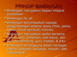1313
PRINSIP BIMBINGANPRINSIP BIMBINGAN
Bimbingan merupakan bagian integralBimbingan merupakan bagian integral
pendidikanpendidikan
Bimbingan for allBimbingan for all
Bimbingan diorientasikan kepadaBimbingan diorientasikan kepada
pengembangan potensi siswa (fisik, psikis,pengembangan potensi siswa (fisik, psikis,
sosial, moral-spiritual) individusosial, moral-spiritual) individu
Bimbingan merupakan usaha bersamaBimbingan merupakan usaha bersama
(team work) pimpinan, wali siswa, dan(team work) pimpinan, wali siswa, dan
guru pembimbing, guru matpel, & ortuguru pembimbing, guru matpel, & ortu
Bimbingan berlangsung dalam berbagaiBimbingan berlangsung dalam berbagai
setting (sekolah, keluarga, industri, dansetting (sekolah, keluarga, industri, dan
masyarakat)masyarakat)
 
