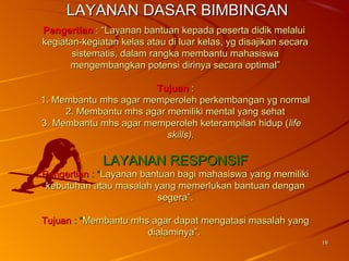 1818
PengertianPengertian : “Layanan bantuan kepada peserta didik melalui: “Layanan bantuan kepada peserta didik melalui
kegiatan-kegiatan kelas atau di luar kelas, yg disajikan secarakegiatan-kegiatan kelas atau di luar kelas, yg disajikan secara
sistematis, dalam rangka membantu mahasiswasistematis, dalam rangka membantu mahasiswa
mengembangkan potensi dirinya secara optimal”mengembangkan potensi dirinya secara optimal”
TujuanTujuan ::
1. Membantu mhs agar memperoleh perkembangan yg normal1. Membantu mhs agar memperoleh perkembangan yg normal
2. Membantu mhs agar memiliki mental yang sehat2. Membantu mhs agar memiliki mental yang sehat
3. Membantu mhs agar memperoleh keterampilan hidup (3. Membantu mhs agar memperoleh keterampilan hidup (lifelife
skills).skills).
LAYANAN RESPONSIFLAYANAN RESPONSIF
PengertianPengertian : “: “Layanan bantuan bagi mahasiswa yang memilikiLayanan bantuan bagi mahasiswa yang memiliki
kebutuhan atau masalah yang memerlukan bantuan dengankebutuhan atau masalah yang memerlukan bantuan dengan
segera”.segera”.
TujuanTujuan : “: “Membantu mhs agar dapat mengatasi masalah yangMembantu mhs agar dapat mengatasi masalah yang
dialaminya”.dialaminya”.
LAYANAN DASAR BIMBINGANLAYANAN DASAR BIMBINGAN
 