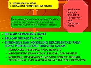 33
BELAJAR SEPANJANG HAYATBELAJAR SEPANJANG HAYAT
BELAJAR SEJAGAT HAYATBELAJAR SEJAGAT HAYAT
BIMBINGAN DAN KONSELING BERORIENTASI PADABIMBINGAN DAN KONSELING BERORIENTASI PADA
UPAYA MEMFASILITASI INDIVIDU DALAM :UPAYA MEMFASILITASI INDIVIDU DALAM :
– MENGAKSES INFORMASI YANG BERMUTUMENGAKSES INFORMASI YANG BERMUTU
– MENGINTEGRASIKAN HIDUP, BELAJAR, DAN BEKERJAMENGINTEGRASIKAN HIDUP, BELAJAR, DAN BEKERJA
– MENUMBUH KEMBANGKAN INDIVIDU SEBAGAI PRIBADI,MENUMBUH KEMBANGKAN INDIVIDU SEBAGAI PRIBADI,
PROFESIONAL, DAN WARGANEGARA YANGPROFESIONAL, DAN WARGANEGARA YANG SELF MOTIVATEDSELF MOTIVATED
1. KEHIDUPAN GLOBAL
2. KEMAJUAN TEKNOLOGI INFORMASI
Perlu peningkatan kemampuan (life skills)
secara terus menerus dalam berbagai
aspek kehidupan melalui proses belajar
• Kehidupan
semakin
kompetitif
• Pergeseran
Nilai
• Gangguan
Mental
 