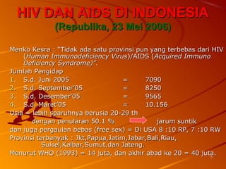 55
HIV DAN AIDS DI INDONESIAHIV DAN AIDS DI INDONESIA
(Republika, 23 Mei 2006)(Republika, 23 Mei 2006)
Menko Kesra : “Tidak ada satu provinsi pun yang terbebas dari HIVMenko Kesra : “Tidak ada satu provinsi pun yang terbebas dari HIV
((Human Immunodeficiency VirusHuman Immunodeficiency Virus)/AIDS ()/AIDS (Acquired ImmunoAcquired Immuno
Deficiency Syndrome)”.Deficiency Syndrome)”.
Jumlah PengidapJumlah Pengidap
1.1. S.d. Juni 2005S.d. Juni 2005 == 70907090
2.2. S.d. September’05S.d. September’05 == 82508250
3.3. S.d. Desember’05S.d. Desember’05 == 95659565
4.4. S.d. Maret’05S.d. Maret’05 == 10.15610.156
Usia = lebih sparuhnya berusia 20-29 thUsia = lebih sparuhnya berusia 20-29 th
dengan penularan 50.1 % jarum suntikdengan penularan 50.1 % jarum suntik
dan juga pergaulan bebas (free sex) = Di USA 8 :10 RP, 7 :10 RWdan juga pergaulan bebas (free sex) = Di USA 8 :10 RP, 7 :10 RW
Provinsi terbanyak : Jkt,Papua,Jatim,Jabar,Bali,Riau,Provinsi terbanyak : Jkt,Papua,Jatim,Jabar,Bali,Riau,
Sulsel,Kalbar,Sumut,dan Jateng.Sulsel,Kalbar,Sumut,dan Jateng.
Menurut WHO (1993) = 14 juta, dan akhir abad ke 20 = 40 juta.Menurut WHO (1993) = 14 juta, dan akhir abad ke 20 = 40 juta.
 
