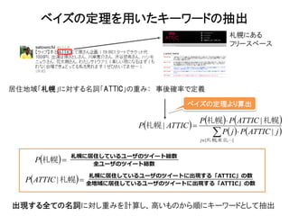 ベイズの定理を用いたキーワードの抽出
                                                        札幌にある
                                                        フリースペース




居住地域「札幌」に対する名詞「ATTIC」の重み： 事後確率で定義

                                       ベイズの定理より算出

                                             P札幌 P ATTIC | 札幌
                          P札幌 | ATTIC  
                                                 P j  P ATTIC | j 
                                             j{札 幌,東 京,}



    P札幌 
              札幌に居住しているユーザのツイート総数
                  全ユーザのツイート総数

  P ATTIC | 札幌  全地域に居住しているユーザのツイートに出現する「ATTIC」の数
                 札幌に居住しているユーザのツイートに出現する「ATTIC」の数




出現する全ての名詞に対し重みを計算し、高いものから順にキーワードとして抽出
 