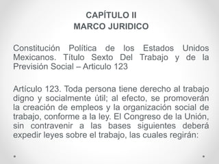 CAPÍTULO II
MARCO JURIDICO
Constitución Política de los Estados Unidos
Mexicanos. Título Sexto Del Trabajo y de la
Previsión Social – Articulo 123
Artículo 123. Toda persona tiene derecho al trabajo
digno y socialmente útil; al efecto, se promoverán
la creación de empleos y la organización social de
trabajo, conforme a la ley. El Congreso de la Unión,
sin contravenir a las bases siguientes deberá
expedir leyes sobre el trabajo, las cuales regirán:
 