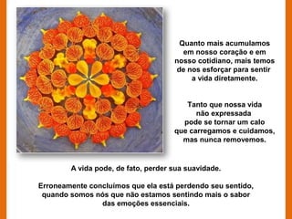 Quanto mais acumulamos
                                        em nosso coração e em
                                     nosso cotidiano, mais temos
                                      de nos esforçar para sentir
                                          a vida diretamente.


                                        Tanto que nossa vida
                                           não expressada
                                       pode se tornar um calo
                                     que carregamos e cuidamos,
                                       mas nunca removemos.


        A vida pode, de fato, perder sua suavidade.

Erroneamente concluímos que ela está perdendo seu sentido,
 quando somos nós que não estamos sentindo mais o sabor
                das emoções essenciais.
 