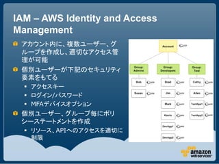 IAM – AWS Identity and Access
Management
 アカウント内に、複数ユーザー、グ
 ループを作成し、適切なアクセス管
 理が可能
 個別ユーザーが下記のセキュリティ
 要素をもてる
   アクセスキー
  ...