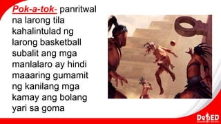 Ang mga Olmec ay kilala rin sa
paglilok ng mga anyong ulo mula
sa mga bato na ang karamihan ay
umaabot sa 18 tonelada at t...